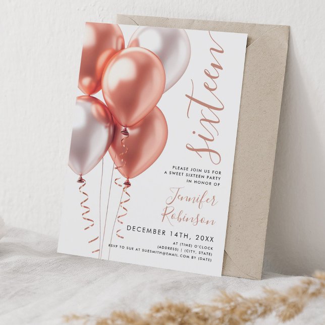Minimal Ro Guld-ballonger, sötad 16 födelsedagar Inbjudningar (Minimal Rose Gold Balloons Sweet 16 Birthday Invitation)