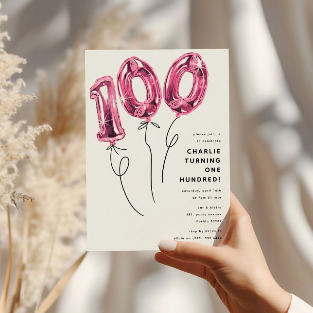 Minimal Rosa 100 Ballong 100-års Födelsedagsfest Inbjudningar (Skapare uppladdad)