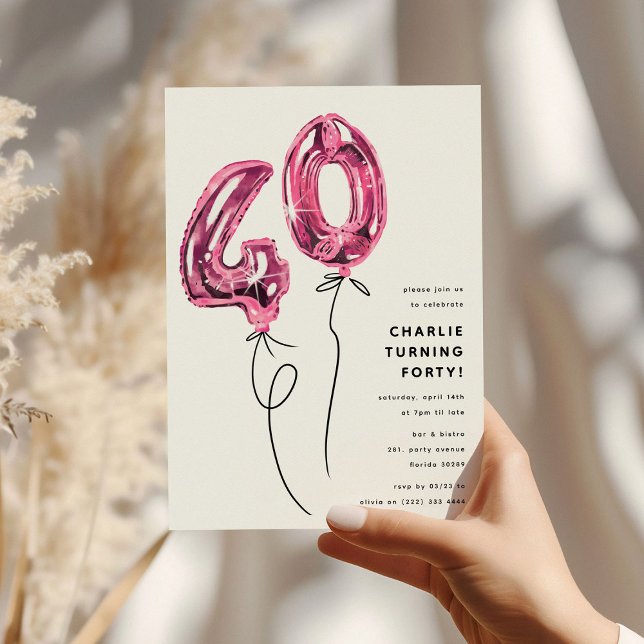 Minimal Rosa 40 Ballong 40-årsfest Inbjudningar (Skapare uppladdad)