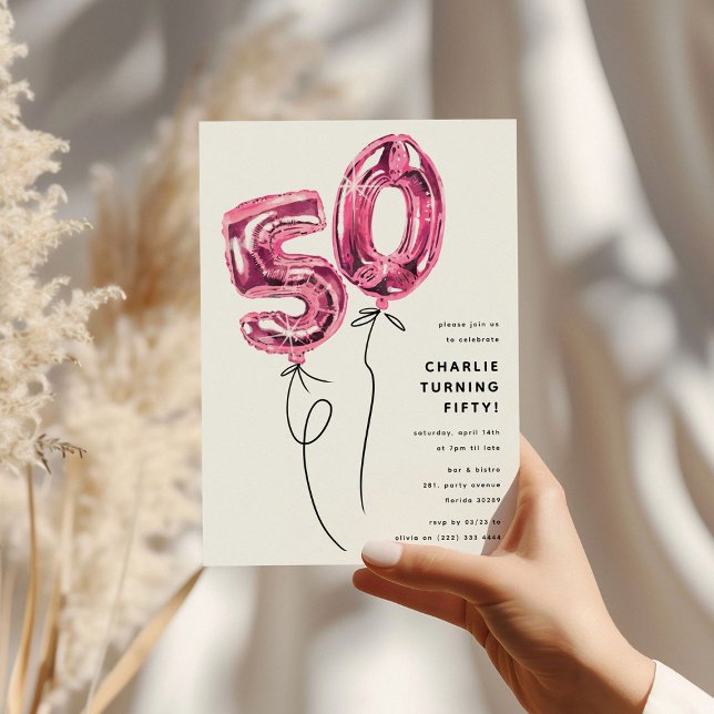 Minimal Rosa 50 Ballong 50-årsfirande Inbjudningar (Skapare uppladdad)