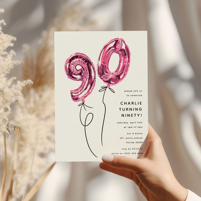 Minimal Rosa 90 Ballong 90-årsfirande Inbjudningar (Skapare uppladdad)