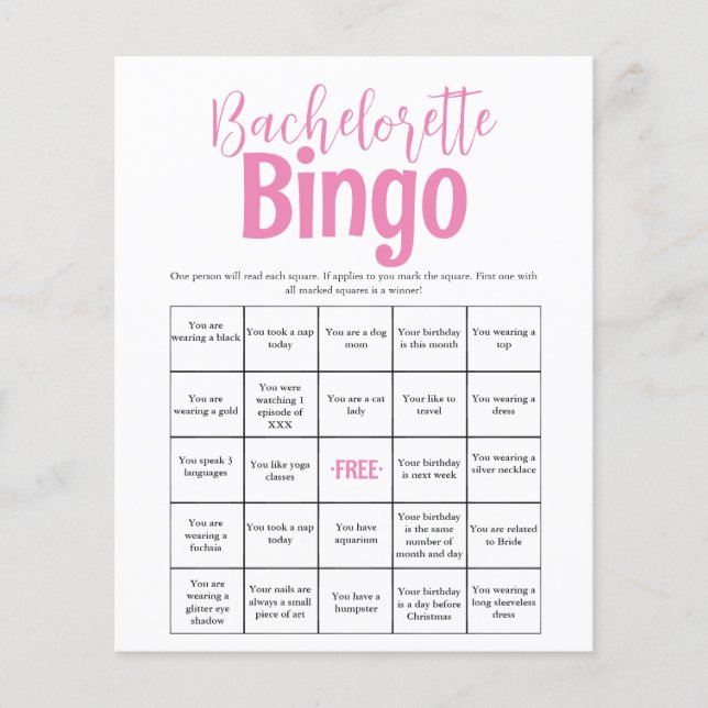 Minimal Rosa Bachelorette Bingo-spel (Framsida)