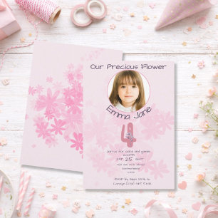 Minimal rosa blommig fototjejens 4-årsdag inbjudningar