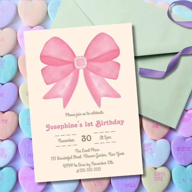 Minimal Rosa Bow Sweet Girl Birthday Inbjudningar (Skapare uppladdad)