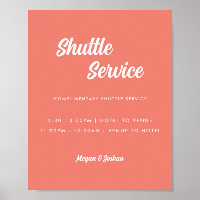 Minimal Rosa Coral Bröllop Shuttle Service Sign Poster (Framsidan)