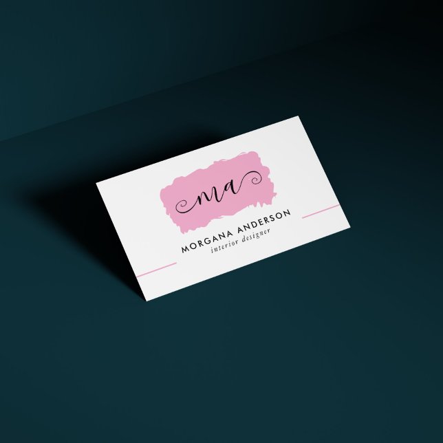 Minimal Rosa för skriptformat Initialer Brushstrok Visitkort (Minimal Script Initials Pink Brushstroke Business Card)