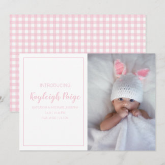 Minimal Rosa Gingham Check Mönster Photo Birth Meddelande