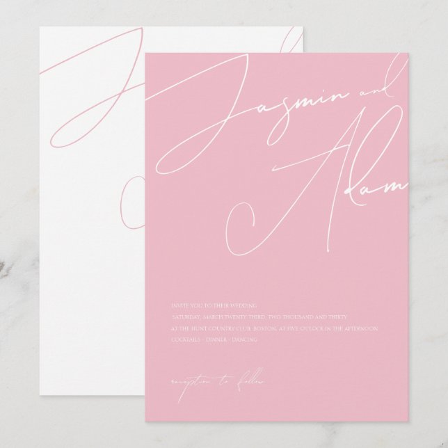Minimal Rosa Godisskrift Typografi Bröllop Inbjudningar (Fram/baksida)