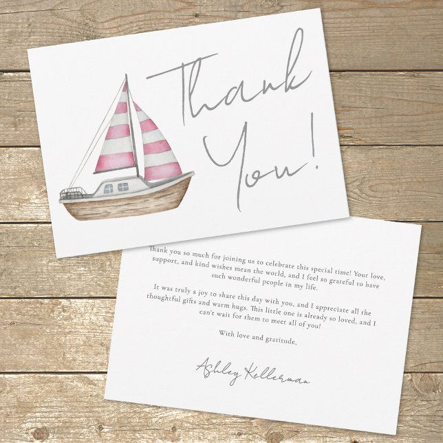 Minimal rosa nautisk flicka baby shower tack kort (Minimal Pink Nautical Girl Baby Shower Thank You Card)