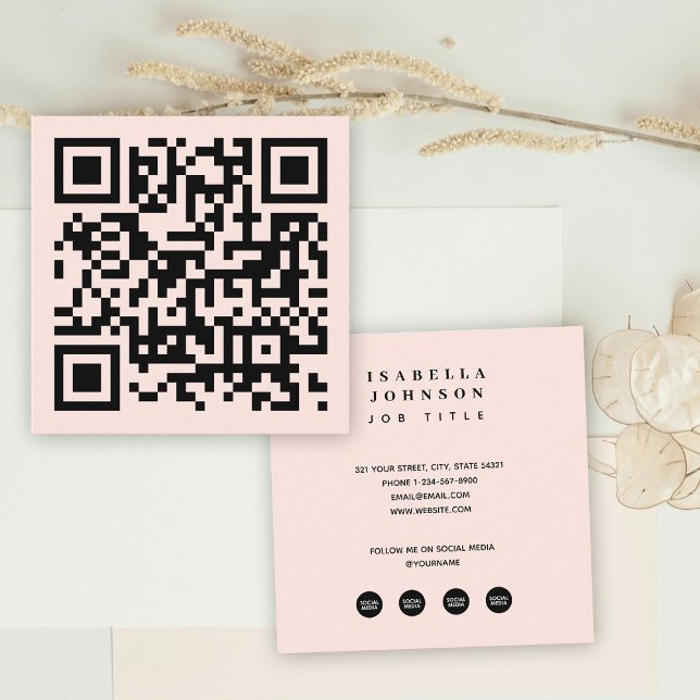 Minimal  Rosa QR-medieikoner för Social-kod Fyrkantigt Visitkort (Minimal Blush Pink QR Code Social Media Icons Square Business Card)