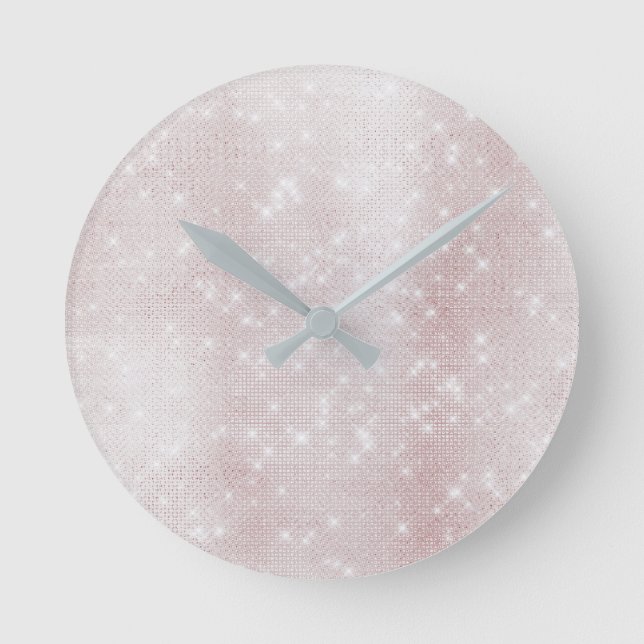 Minimal Rosa ros-Abstrakt Sparkly White Pastel Rund Klocka (Framsida)