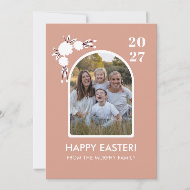 Minimal rosabrölloppsblomma påsk familjefoto julkort (Framsida)