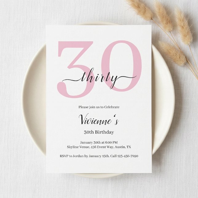 Minimal rosaktig skrift 30-årsfest inbjudningar (Minimal Blush Pink Script 30th Birthday Party Invitation)