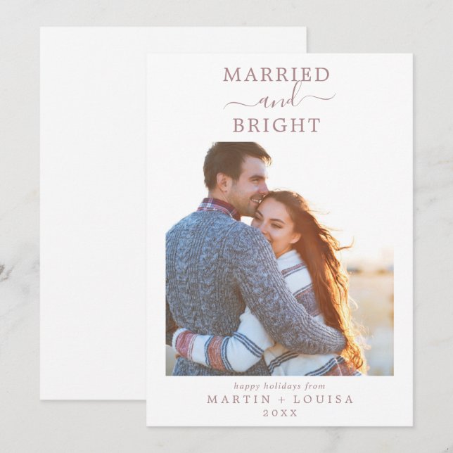 Minimal Rose Gold Married & Bright Newlywed Photo Julkort (Fram/baksida)