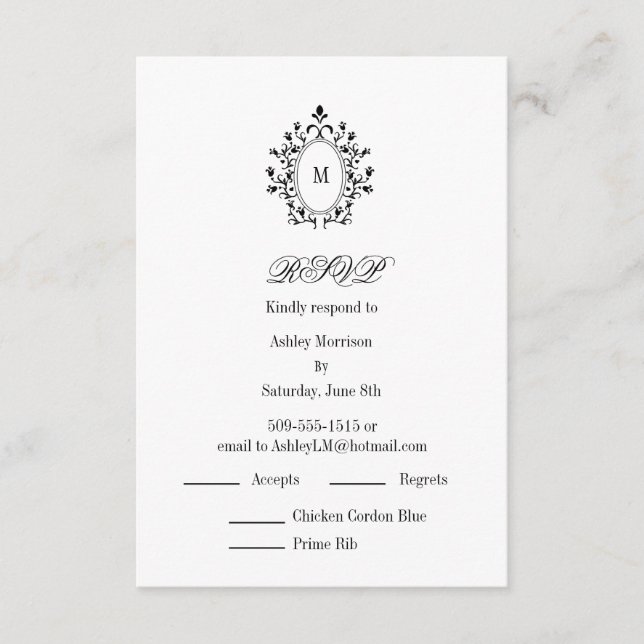 Minimal RSVP card Monogram With 2 Entree Choice Tilläggskort (Framsida)