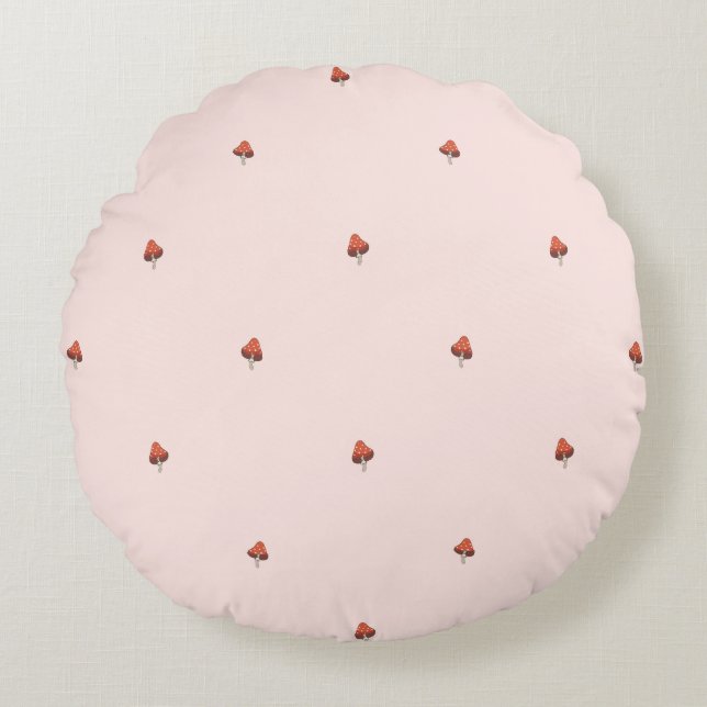 Minimal rund kudde med röda nyanser och svampmotiv (Framsidan)