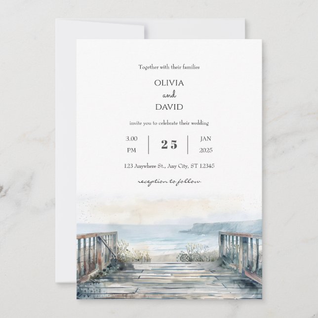 Minimal Rustic Seaside Balcony View Beach Wedding Inbjudningar (Framsida)