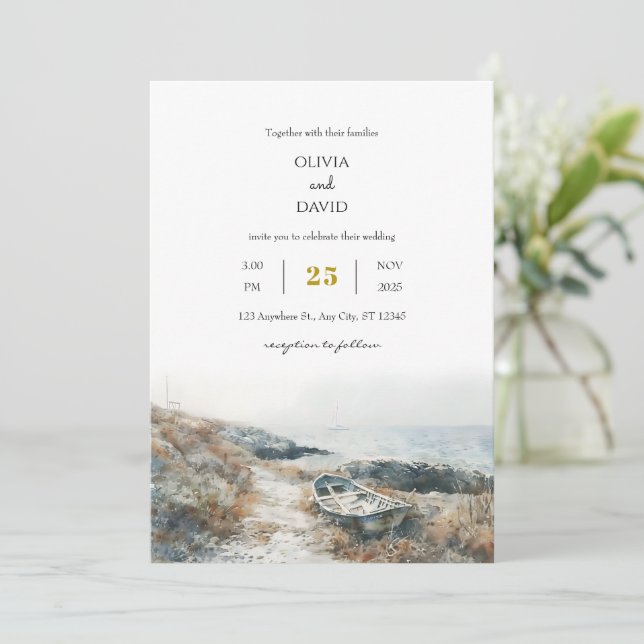 Minimal Rustic Seaside Rocky Shore Beach Wedding Inbjudningar (Stående Fram)