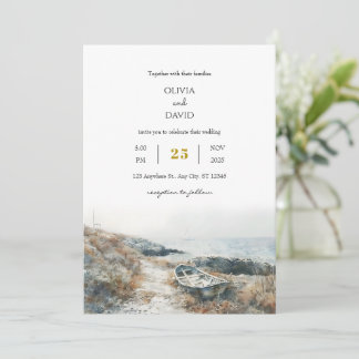 Minimal Rustic Seaside Rocky Shore Beach Wedding Inbjudningar