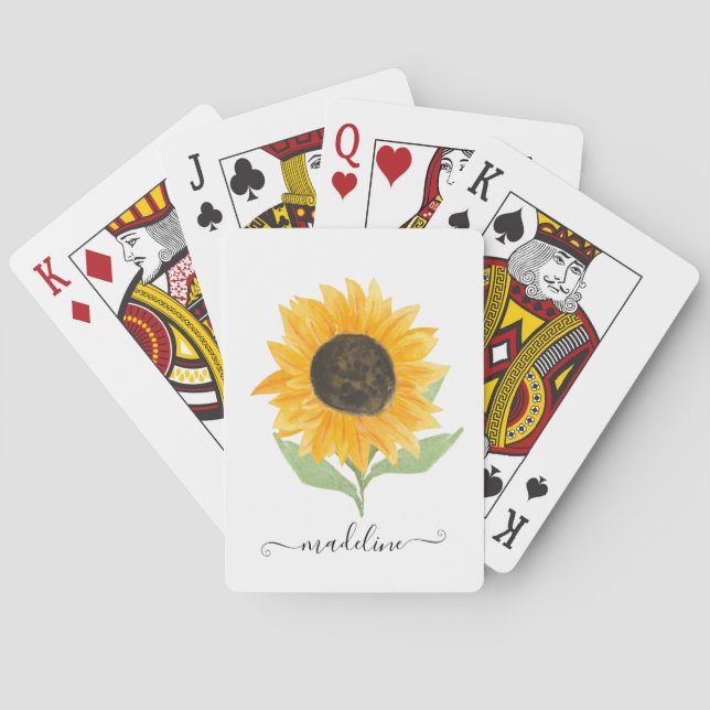 Minimal Rustic Sunflower Personalized Name Script Casinokort (Baksidan)
