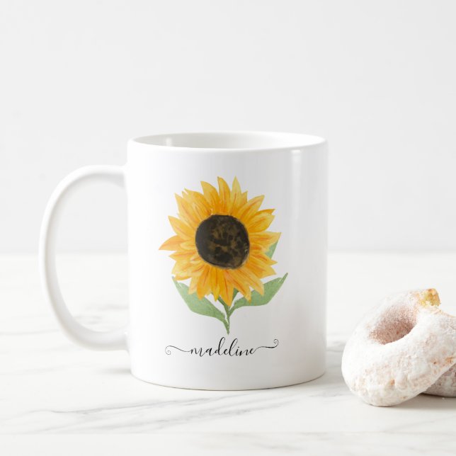Minimal Rustic Sunflower Personalized Name Script Kaffemugg (Med munk)