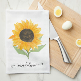 Minimal Rustic Sunflower Personalized Name Script Kökshandduk