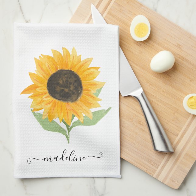 Minimal Rustic Sunflower Personalized Name Script Kökshandduk (Vikt i Fjärdedel)