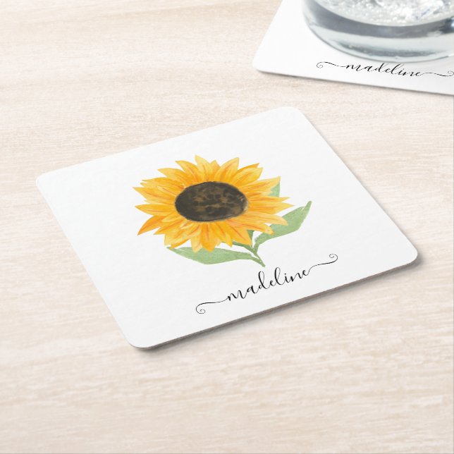Minimal Rustic Sunflower Personalized Name Script Underlägg Papper Kvadrat (Vinklad)