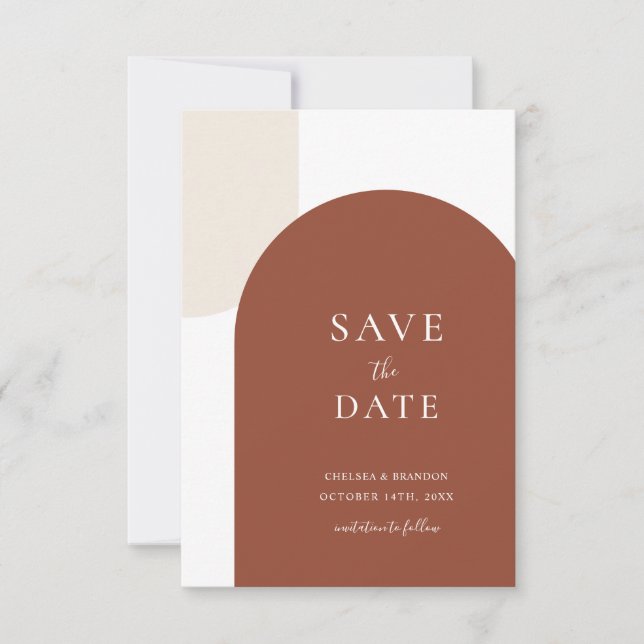 Minimal Rustik Terrakotta Boho Båge Script Bröllop Spara Datumet (Framsida)