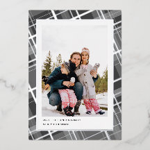 Minimal rutmönstrad julkort med ett foto i grått v