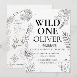 Minimal Safari Wild One 1-års födelsedags karta Inbjudningar