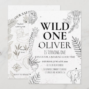 Minimal Safari Wild One 1-års födelsedags karta Inbjudningar