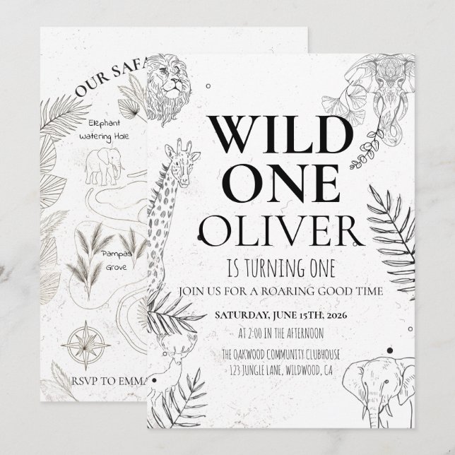 Minimal Safari Wild One 1-års födelsedags karta Inbjudningar (Fram/baksida)