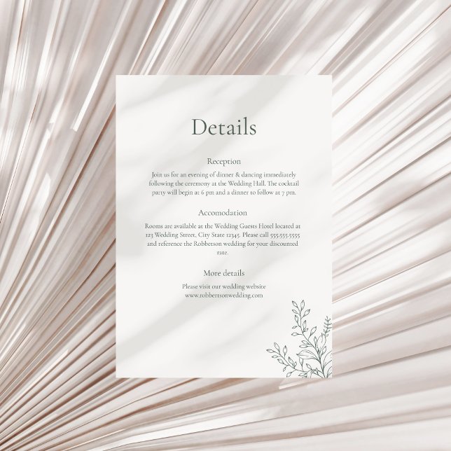 Minimal Sage Green Botanical Details Card Inbjudningar (Minimal Sage Green Botanical Details Card on a neutral dry palm leaf.)