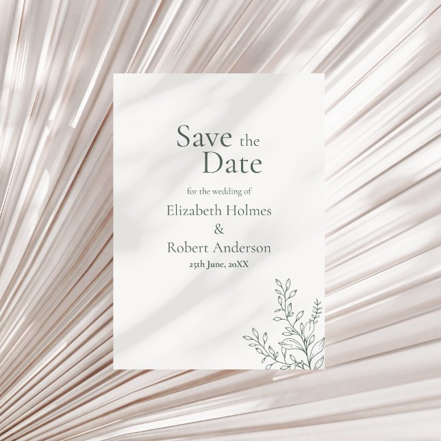 Minimal Sage Green Botanical Save the Date Inbjudningar (Minimal Sage Green Botanical Save the Date Invitation on a neutral dry palm leaf.)