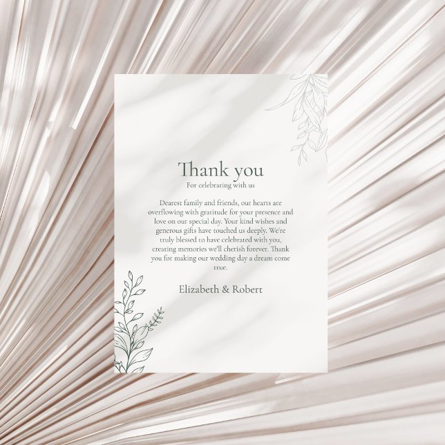 Minimal Sage Green Botanical Thank You Card Tack Kort (Minimal Sage Green Botanical Thank You Card on a neutral dry palm leaf.)