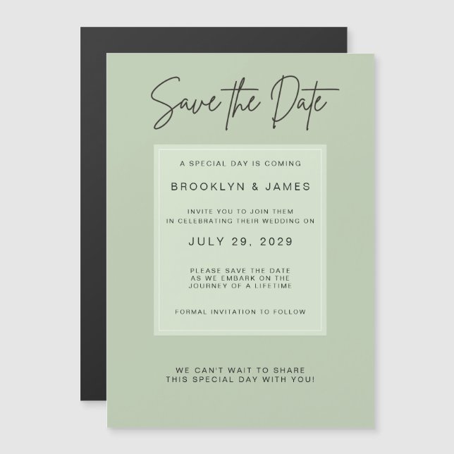 Minimal Sage Green Wedding Save The Date Magnetisk Inbjudningskort (Fram/baksida)