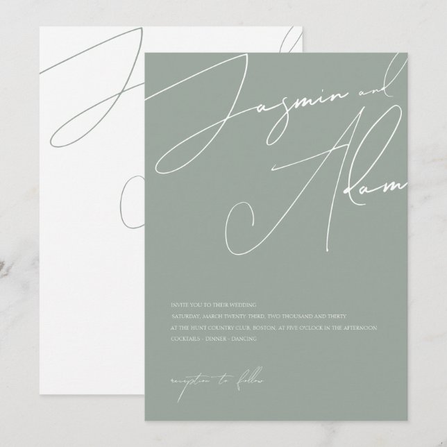 Minimal Saggrön Skript Typografi Bröllop Inbjudningar (Fram/baksida)