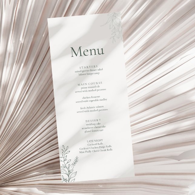 Minimal salvia grön botanisk bröllopsmeny meny (Minimal Sage Green Botanical Wedding Menu on a neutral dry palm leaf)