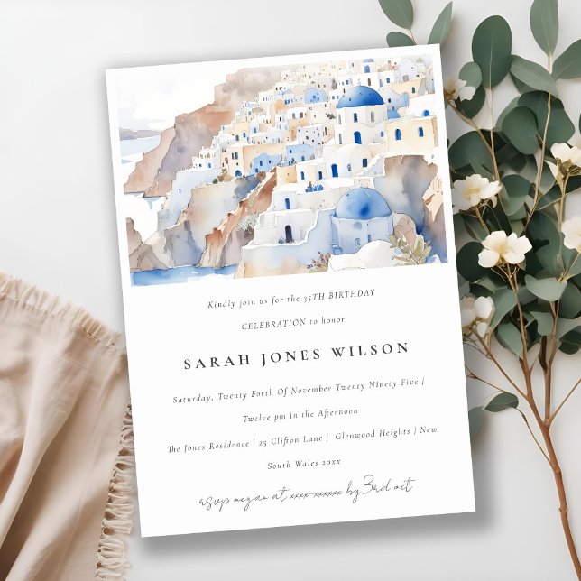 Minimal Santorini Greece Watercolor Birthday Inbjudningar (Skapare uppladdad)
