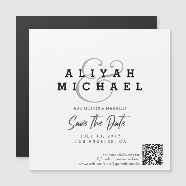 Minimal Save The Date QR Code Black White Wedding Magnetisk Inbjudningskort (Fram/baksida)