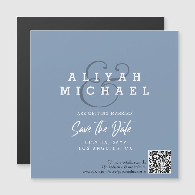 Minimal Save The Date QR Code Dusty Blue Wedding Magnetisk Inbjudningskort (Fram/baksida)