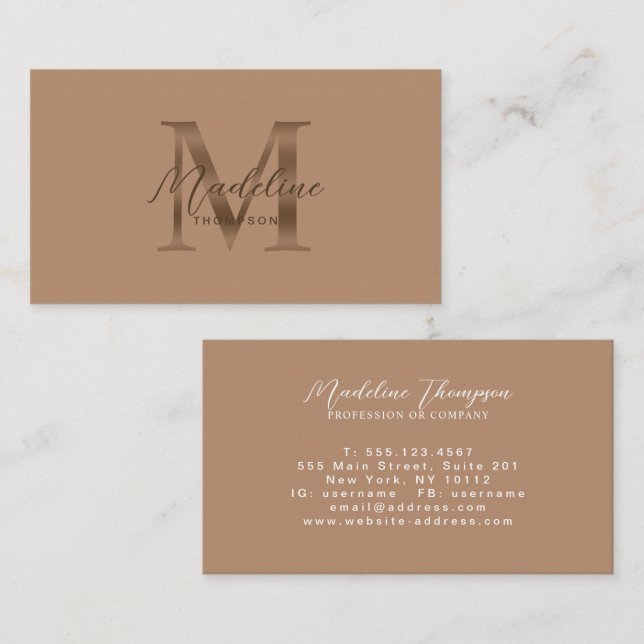 Minimal Script Beige Metalliskt Guld Monogram Visitkort (Fram/baksida)