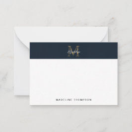 Minimal Script Metallic Navy Blue Gold Monogram Anteckningskort