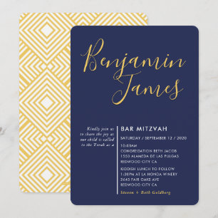 MINIMAL SCRIPT modern Pub Mitzvah marblått guld Inbjudningar