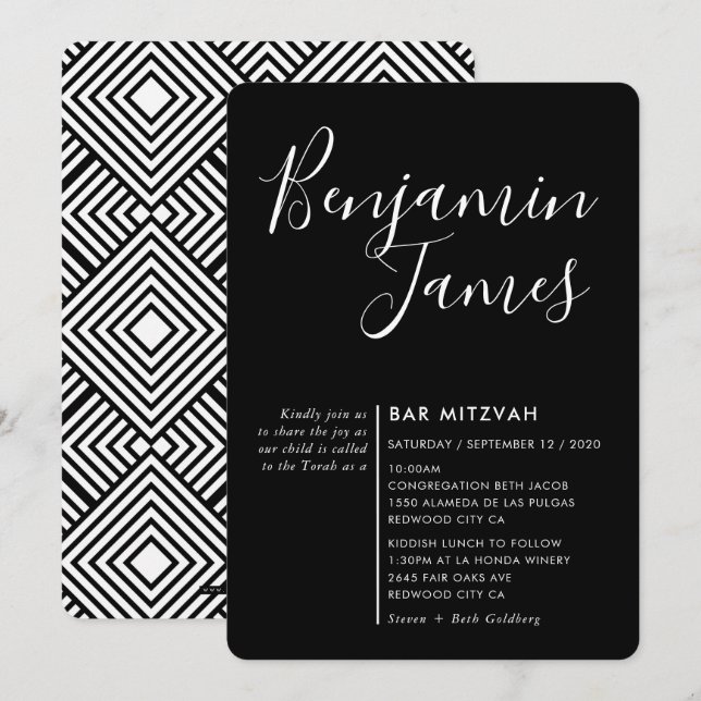 MINIMAL SCRIPT modern Pub Mitzvah svart vit Inbjudningar (Fram/baksida)
