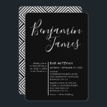 MINIMAL SCRIPT modern Pub Mitzvah svart vit Inbjudningar<br><div class="desc">by kat masard >> WWW.SIMPLYSWEETPAPERIE.COM <<< A toppen snyggt & sofistikerad inbjudningsdesign för ditt barns PUB/BAT MITZVAH! TIP: 1. Om du vill ändra/flytta grafik & typsnitt och lägga till mer text - slått knappen "anpassa". - - - - - - - - - - - - - - - -...</div>