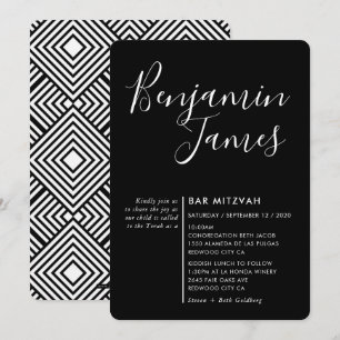 MINIMAL SCRIPT modern Pub Mitzvah svart vit Inbjudningar