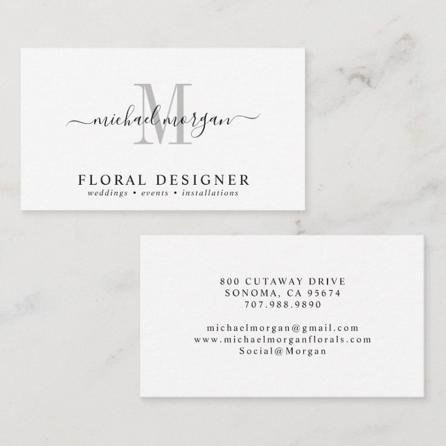 Minimal Script Monogram Floral Designer Visitkort (Fram/baksida)