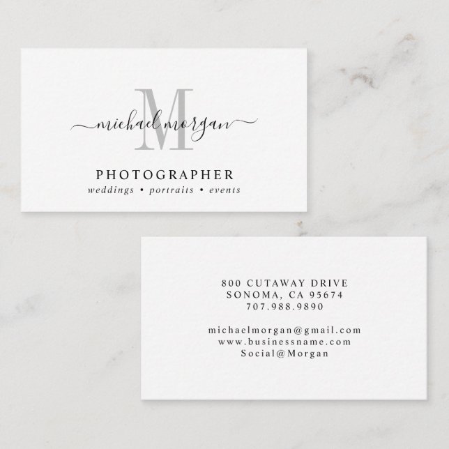 Minimal Script Monogram Photographer Visitkort (Fram/baksida)